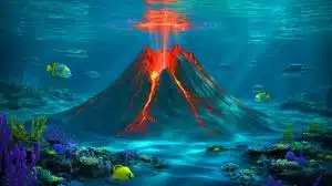 Illustration of the Axial Seamount, an underwater volcano off the Oregon coast, preparing to erupt. Image generated by AI.