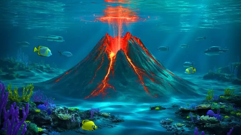 Illustration of the Axial Seamount, an underwater volcano off the Oregon coast, preparing to erupt. Image generated by AI.