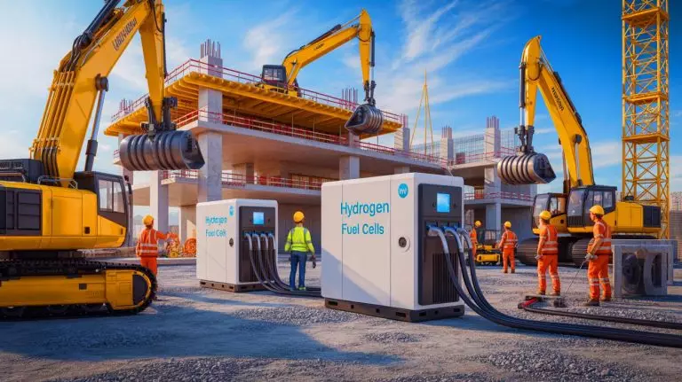Illustration of hydrogen fuel cells powering a construction site. Image generated by AI.
