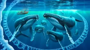 Illustration of humpback whales creating bubble rings as a form of communication. Image generated by AI.