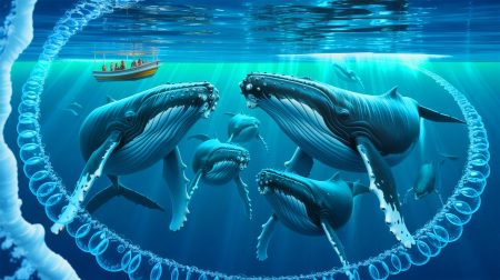 Illustration of humpback whales creating bubble rings as a form of communication. Image generated by AI.