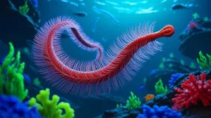 Illustration of Pectinereis strickrotti, a newly discovered species of sea worm moving like a living magic carpet. Image generated by AI.
