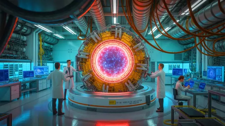 Illustration of high-energy helium-3 ions being generated in the Wendelstein 7-X stellarator. Image generated by AI.