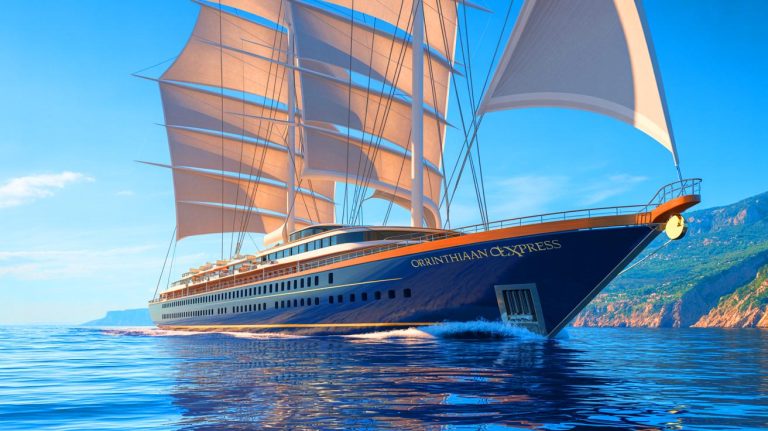 Illustration of the Orient Express Corinthian sail yacht cruise ship. Image generated by AI.