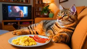 Illustration of Creme Puff, the world's oldest cat, enjoying a unique lifestyle. Image generated by AI.