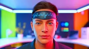 Illustration of a wireless electronic forehead tattoo monitoring brain activity to predict mental fatigue. Image generated by AI.