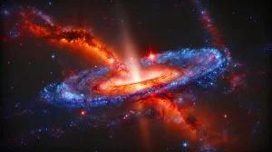 Illustration of the "Infinity" galaxy formed by a cosmic collision, featuring a newborn supermassive black hole, generated by artificial intelligence.