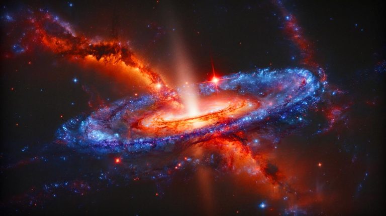 Galactic Discovery From Hell: “It’s Like Staring Into the Mind of God,” Says Top NASA Astrophysicist After Infinity Find Illustration of the "Infinity" galaxy formed by a cosmic collision, featuring a newborn supermassive black hole, generated by artificial intelligence.
