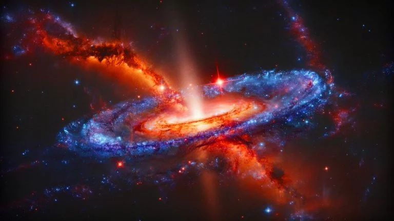 Illustration of the "Infinity" galaxy formed by a cosmic collision, featuring a newborn supermassive black hole, generated by artificial intelligence.