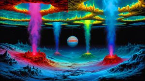 Illustration of the potential microbial life existing under Europa's icy surface, inspired by Earth's hydrothermal vents, generated by artificial intelligence.