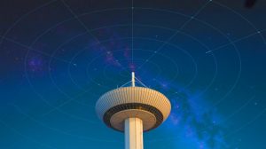 Illustration of airport radar systems potentially signaling Earth's presence to extraterrestrial civilizations, created by artificial intelligence.