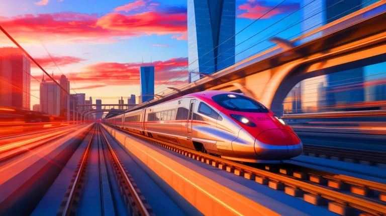 Illustration of the CR450 bullet train showcasing its bird-inspired design and high-speed capability, generated by artificial intelligence.