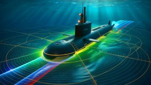 Illustration of China's advanced magnetic detection technology tracking a submarine, generated by artificial intelligence.
