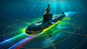 Illustration of China's advanced magnetic detection technology tracking a submarine, generated by artificial intelligence.
