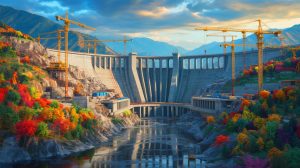 Illustration of a mega-dam construction on the Yarlung Zangbo River in Tibet, generated by artificial intelligence.