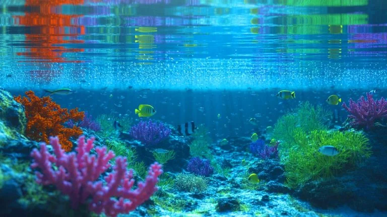 Illustration of trillions of nanoplastic particles saturating the North Atlantic Ocean, posing potential risks to marine ecosystems and human health.