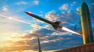 Illustration of a hypersonic missile evading a sophisticated defense system, generated by artificial intelligence.