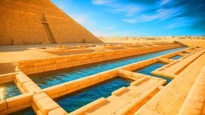 Illustration of the sophisticated water management system around the Pyramid of Djoser. Image generated by AI.