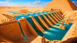 Illustration of an ancient Egyptian hydraulic system used in pyramid construction, generated by artificial intelligence.