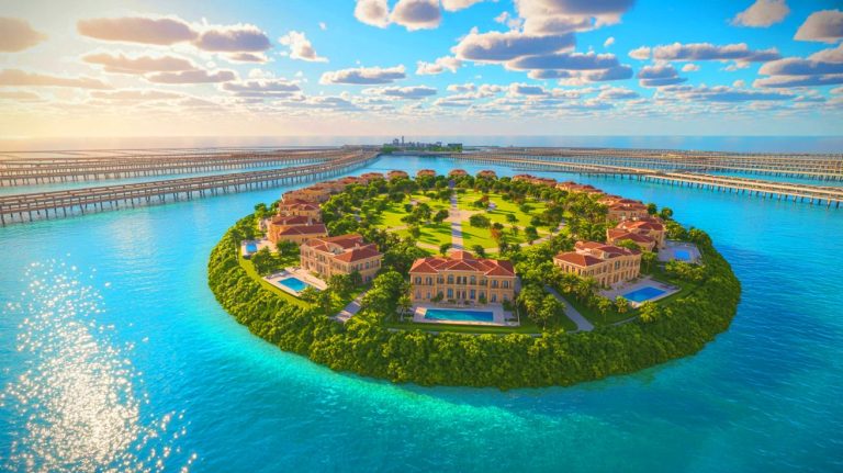 Illustration of an exclusive island conflict over sewage management involving billionaires and local communities, generated by artificial intelligence.