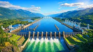 Illustration of the Columbia River's role in US-Canada energy relations, highlighting hydroelectric power and environmental policy, generated by artificial intelligence.