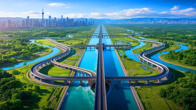 Illustration of China's South-North Water Transfer Project as a massive infrastructure undertaking generated by artificial intelligence.