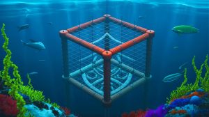 Illustration of TRIDENT, China's new neutrino detector, floating in a pool.