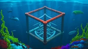 Illustration of TRIDENT, China's new neutrino detector, floating in a pool.