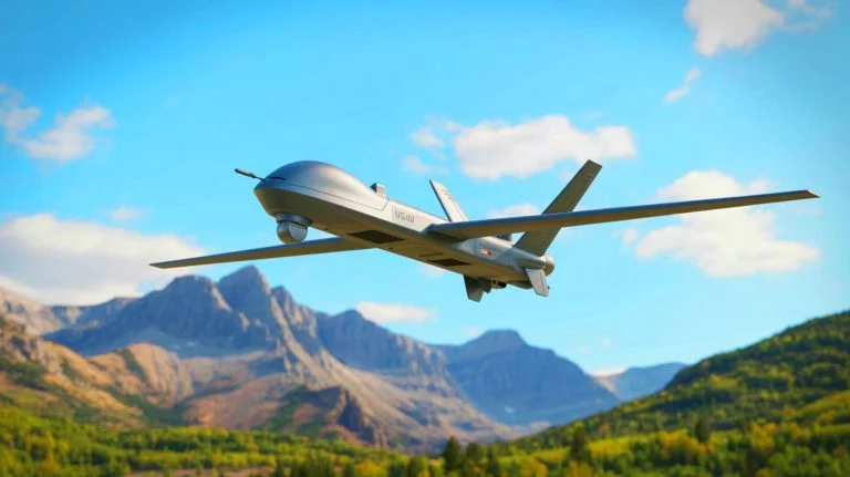 Illustration of China's newly unveiled tail-sitter drone with vertical takeoff and landing capabilities, inspired by US military design.