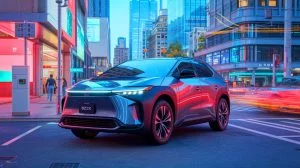 Illustration of Toyota's bZ3X electric SUV showcasing its advanced features and local manufacturing, created by artificial intelligence.