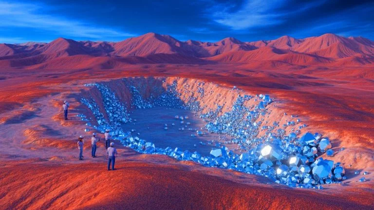 Illustration of China's newly discovered zirconium reserve in the Tarim Basin, highlighting its potential impact on global technology, created by artificial intelligence.
