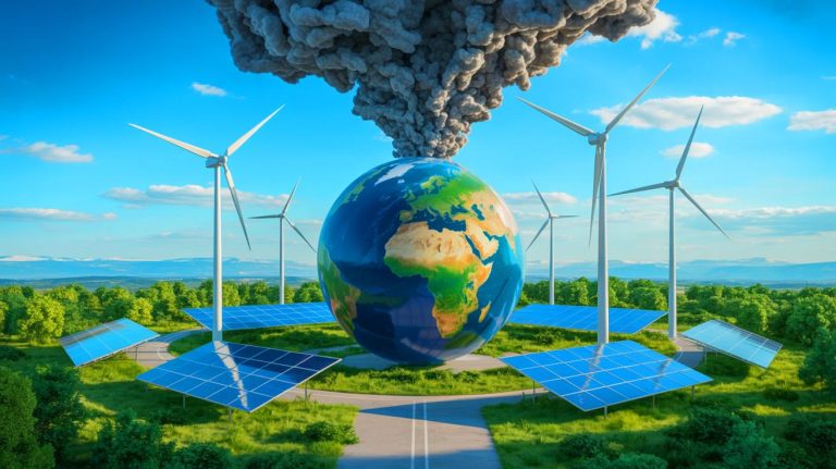 Illustration of Earth's carbon budget depletion due to record greenhouse gas emissions. Image generated by AI.