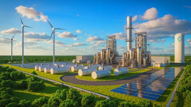 Illustration of the Baytown Project partnership between Adnoc and ExxonMobil as a low-carbon energy initiative.
