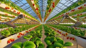 Illustration of Dyson's vertical farming operation with advanced technology in a 26-acre glasshouse, generated by artificial intelligence.