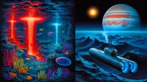 Illustration of NASA's mission to explore potential microbial life on Jupiter's moon, Europa, using insights from Earth's deep-sea vents.