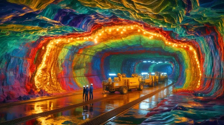 Illustration of the discovery of a massive gold reserve beneath China's Hunan Province, generated by artificial intelligence.