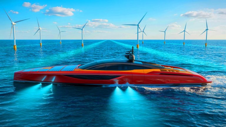“Ferrari’s Green Revolution Stuns the Seas”: This Eco-Friendly Yacht Breaks Speed Barriers While Redefining Luxury for the Super-Rich Illustration of a Ferrari-branded eco-friendly yacht employing renewable energy technology, generated by artificial intelligence.