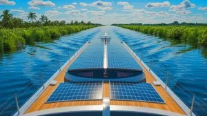 Illustration of the Blue Marlin, the world's first inland vessel using solar power for propulsion, generated by artificial intelligence.