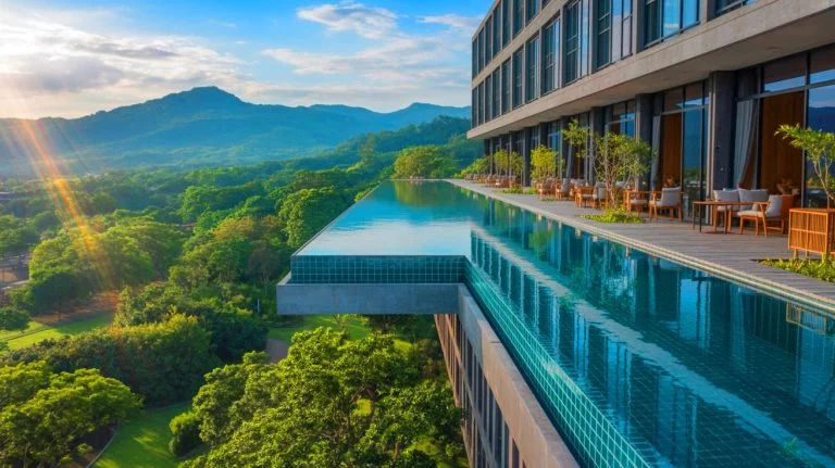Illustration of the transparent semi-cantilevered pool at Hotel MYS Khao Yai in Thailand, generated by artificial intelligence.
