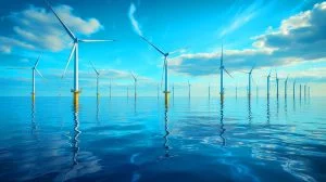 Illustration of the Nordseecluster offshore wind farm project in the North Sea, generated by artificial intelligence.