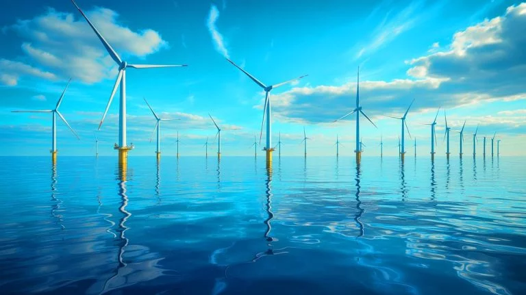 Illustration of the Nordseecluster offshore wind farm project in the North Sea, generated by artificial intelligence.