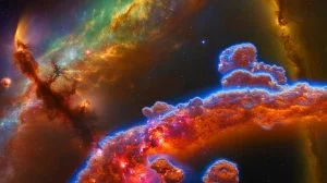 Illustration of a giant molecular cloud named M4.7-0.8 with star-forming regions in the Milky Way. Image generated by AI.