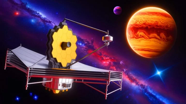 Illustration of the James Webb Space Telescope capturing the first direct image of the exoplanet TWA 7b.