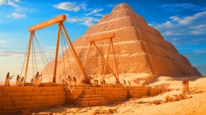 Illustration of ancient Egyptian workers using a hydraulic system to build the Step Pyramid of Djoser, generated by artificial intelligence.