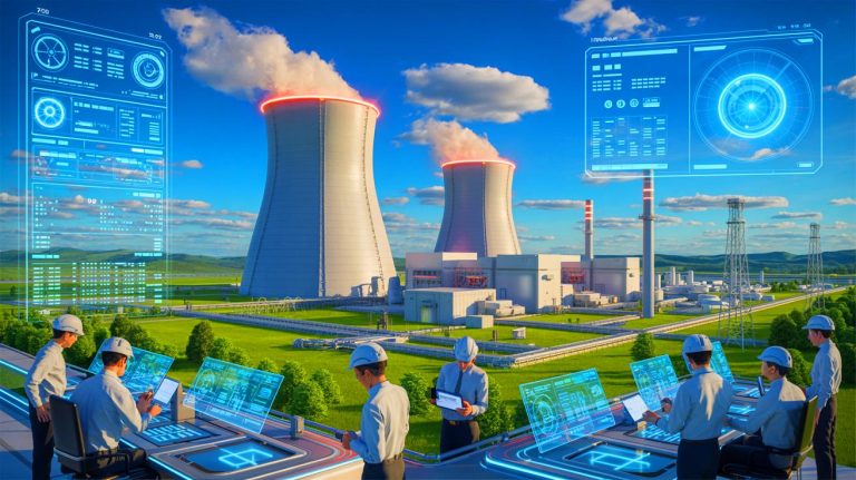 Illustration of Idaho National Laboratory's partnership with Amazon Web Services to develop AI-powered nuclear reactor digital twins.