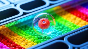 Illustration of an artificial cell moving autonomously using enzyme reactions, generated by artificial intelligence.