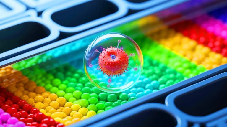 Illustration of an artificial cell moving autonomously using enzyme reactions, generated by artificial intelligence.