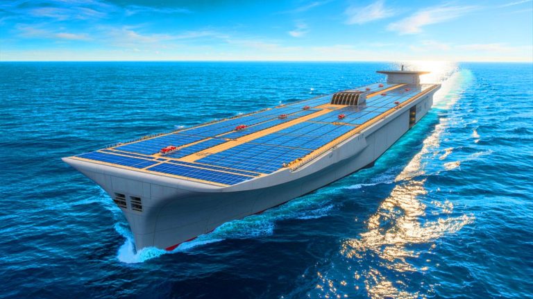 “This Giant Ship Runs on Sunlight!”: World’s Largest Solar Car Vessel Launches Maiden Journey With 4,000 Cars, Shocking the Global Shipping Industry Illustration of the Yuanhai Kou, the world’s largest solar-powered vehicle carrier, on its maiden voyage, generated by artificial intelligence.