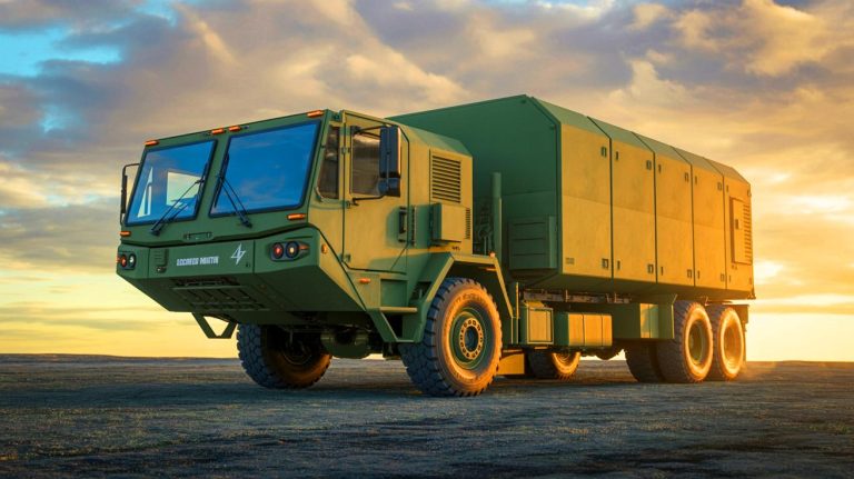 Illustration of Lockheed Martin's Common Multi-Mission Truck system, highlighting its innovative low-cost design for military advancements, generated by artificial intelligence.