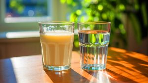 Illustration of milk's superior hydration properties compared to water, generated by artificial intelligence.